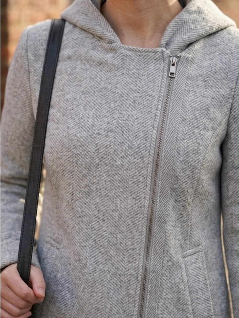 Le Chateau Grey Herringbone Asymmetrical Zip Hooded Jacket Long Chic Neutral Sm - Picture 2 of 14
